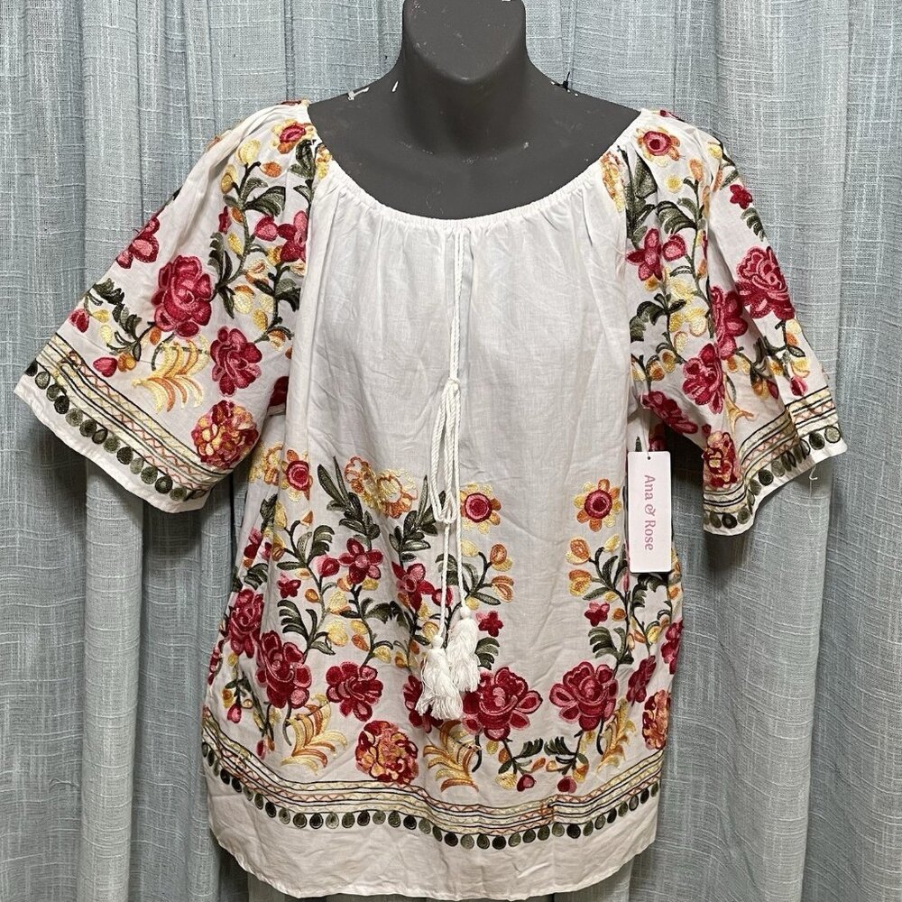 Ana & Rose Blouse Womens M White Floral Embroidered Boho Whimsical Peasant NWT